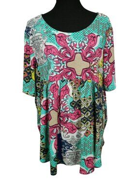 Multicolor Boho Tunic Top Vibrant Patterns 3/4 Sleeve Relaxed Fit Plus Size 3XL